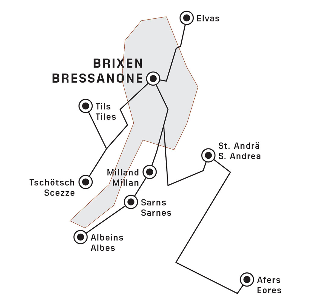 Das Bild zeigt auf einer stilisierten Karte den Hauptsitz und die Aussenstellen der Stadtbibliothek Brixen. Folgende Ort sind auf der Karte genannt: Brixen, Elvas, Tils, Tschötsch, Milland, Sarns, Albeins, St. Andrä und Afers.